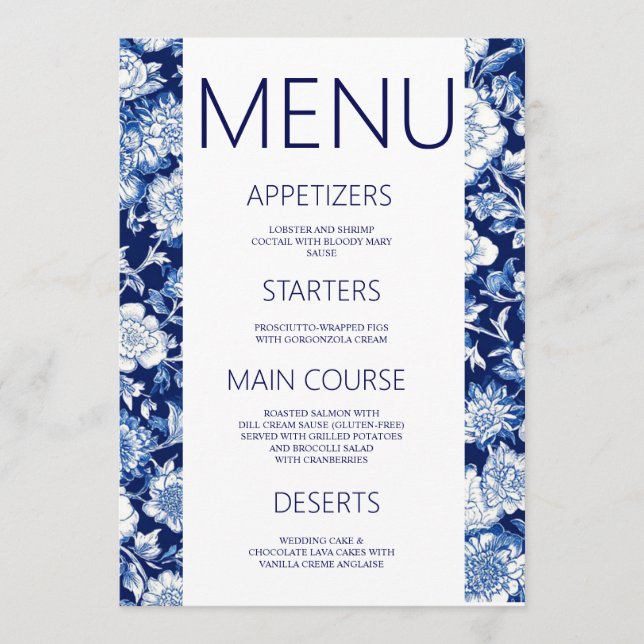 Blue Porcelain Chinoiserie Floral Wedding Menu (Front)