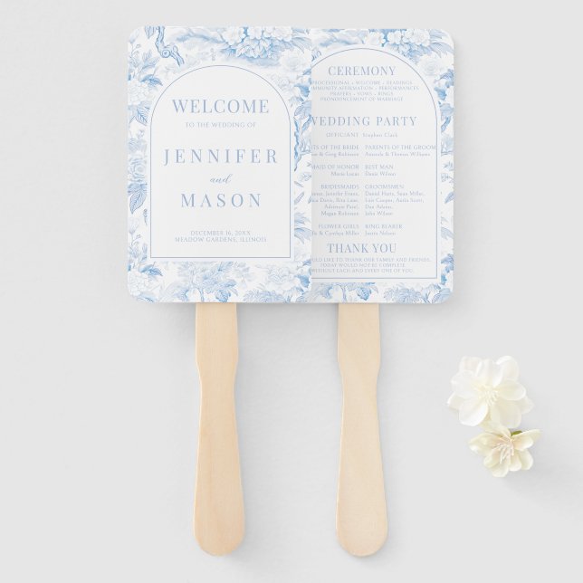 Blue Porcelain Chinoiserie Floral Wedding Program Hand Fan (Front and Back)