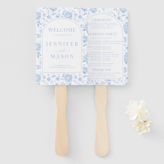 Blue Porcelain Chinoiserie Wedding Program Hand Fan (Front and Back)
