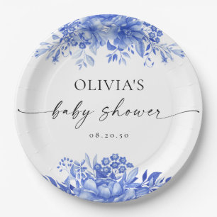 Blue Porcelain Floral Baby Shower Paper Plate