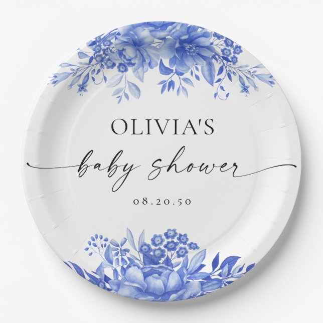 Blue Porcelain Floral Baby Shower Paper Plate (Front)