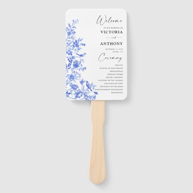 Blue Porcelain Floral Wedding Program Hand Fan (Front)