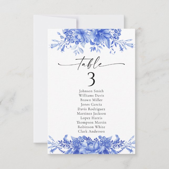 Blue Porcelain Wedding Table Seating Chart Cards (Front)