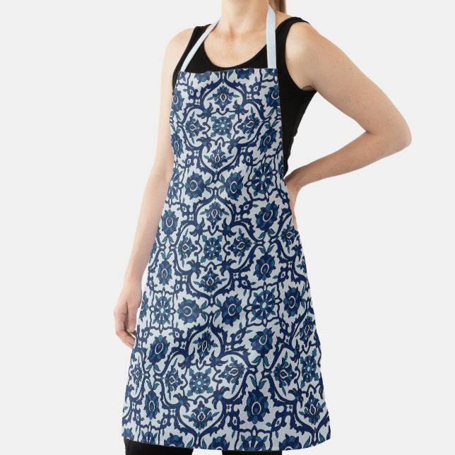 Blue Portuguese Azulejos Floral Tile Pattern Apron (Insitu)