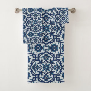 Blue Portuguese Azulejos Floral Tile Pattern Bath Towel Set