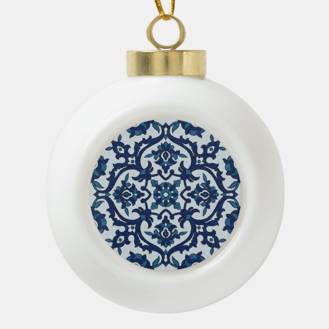 Blue Portuguese Azulejos Floral Tile Pattern Ceramic Ball Christmas Ornament (Front)