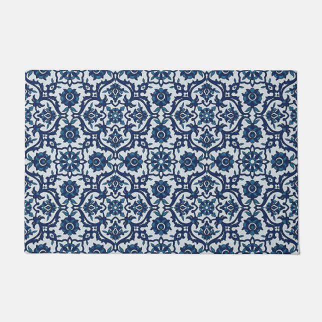 Blue Portuguese Azulejos Floral Tile Pattern Doormat (Front)