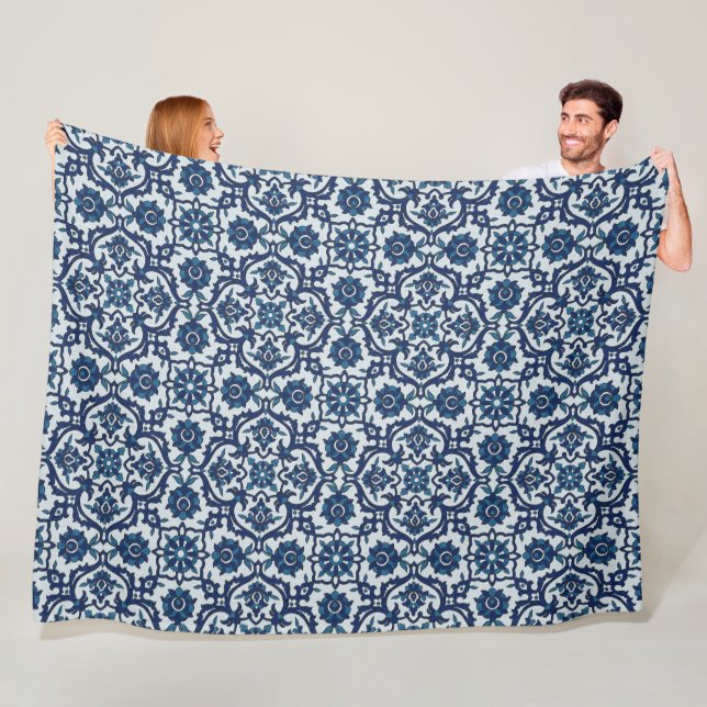 Blue Portuguese Azulejos Floral Tile Pattern Fleece Blanket (In Situ)