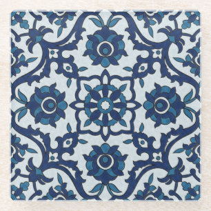 Blue Portuguese Azulejos Floral Tile Pattern Glass Coaster