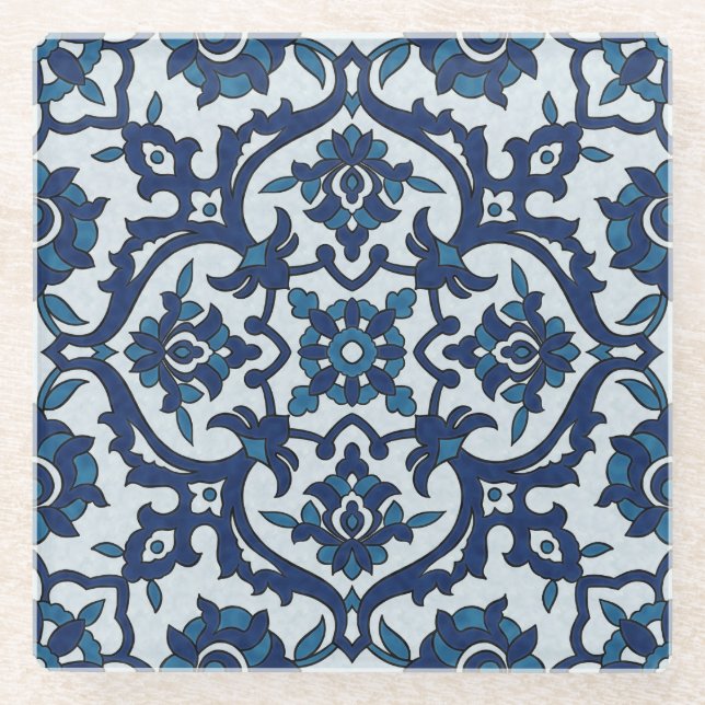 Blue Portuguese Azulejos Floral Tile Pattern Glass Coaster (Front)
