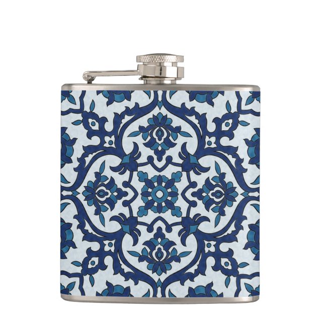 Blue Portuguese Azulejos Floral Tile Pattern Hip Flask (Front)