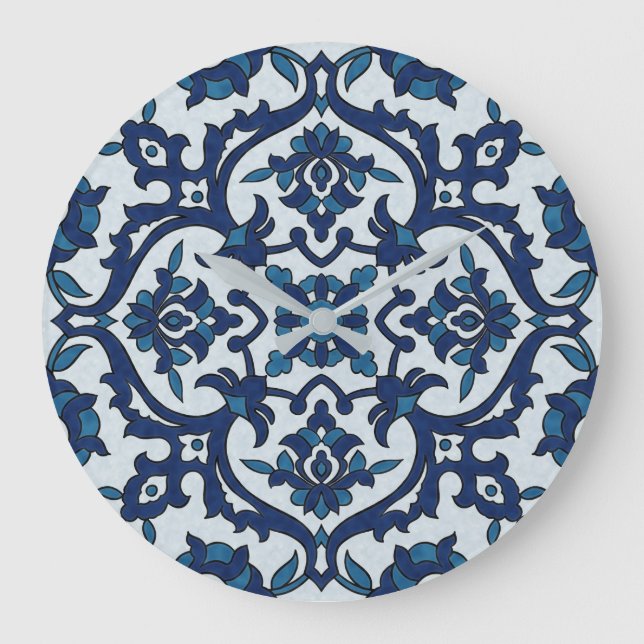 Blue Portuguese Azulejos Floral Tile Pattern Large Clock (Front)