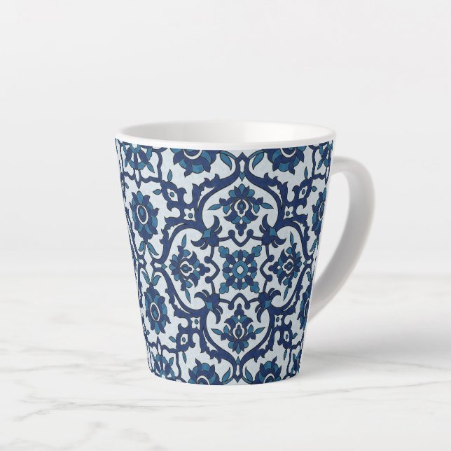 Blue Portuguese Azulejos Floral Tile Pattern Latte Mug (Right Angle)