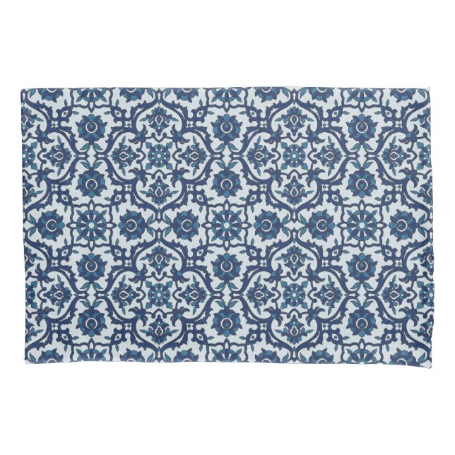 Blue Portuguese Azulejos Floral Tile Pattern Pillowcase (Front)