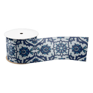 Blue Portuguese Azulejos Floral Tile Pattern Satin Ribbon
