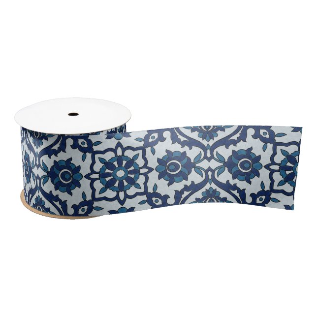 Blue Portuguese Azulejos Floral Tile Pattern Satin Ribbon (Spool)