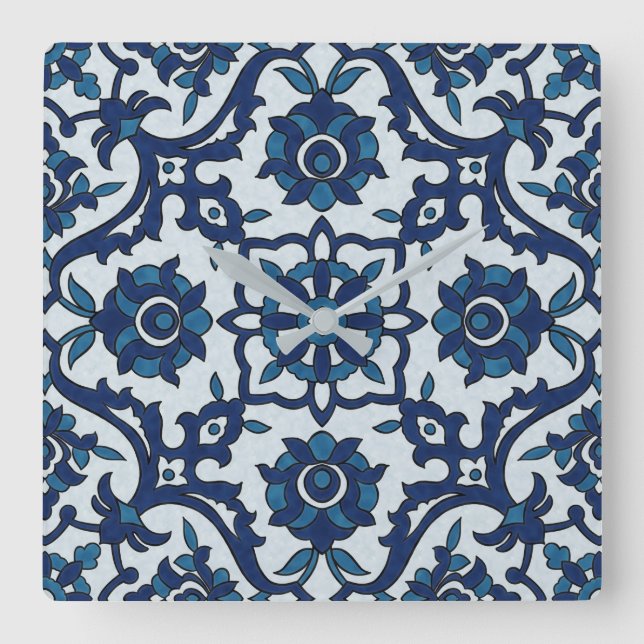 Blue Portuguese Azulejos Floral Tile Pattern Square Wall Clock (Front)