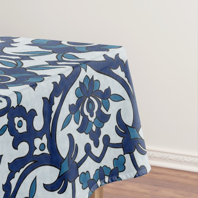Blue Portuguese Azulejos Floral Tile Pattern Tablecloth (In Situ)