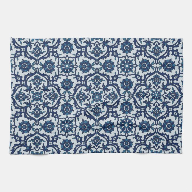 Blue Portuguese Azulejos Floral Tile Pattern Tea Towel (Horizontal)