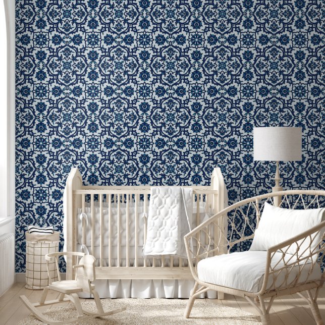 Blue Portuguese Azulejos Floral Tile Pattern Wallpaper (Kids)