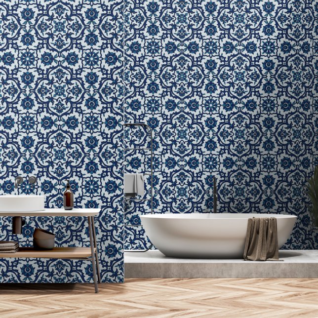 Blue Portuguese Azulejos Floral Tile Pattern Wallpaper (Bathroom)