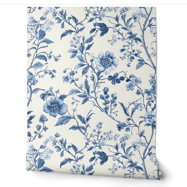 Blue Portuguese Floral Pattern Wallpaper (Unrolling)