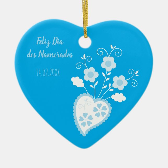 Blue Portuguese romantic heart Ceramic Tree Decoration (Front)