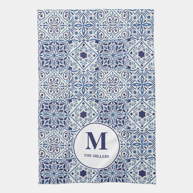 Blue Portuguese Tiles Monogrammed Tea Towel (Vertical)