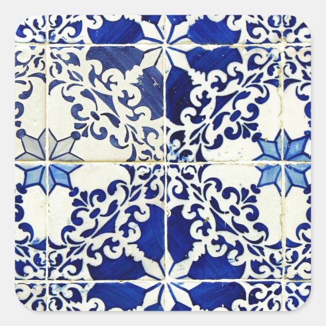 Blue, Portuguese Tiles Square Sticker (Front)