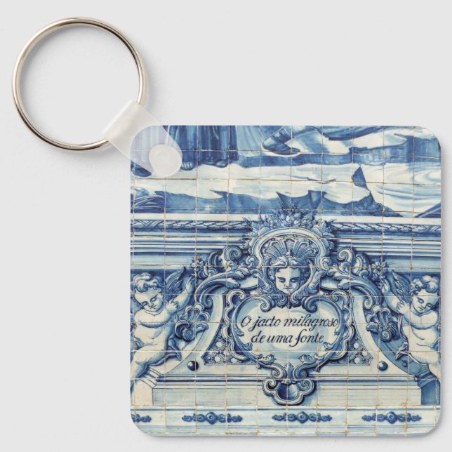 Blue Portuguese Tiles with two angels Key Ring (Front)