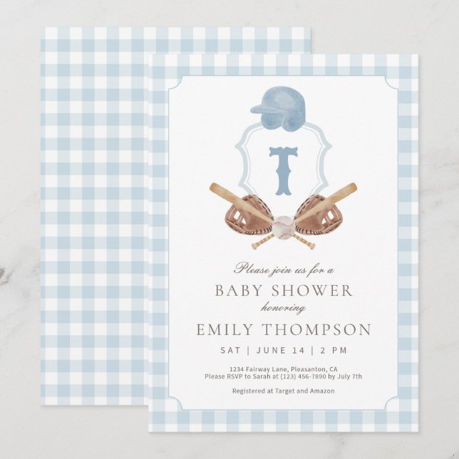 Blue Preppy Baseball Crest Baby Shower Invitation (Front/Back)