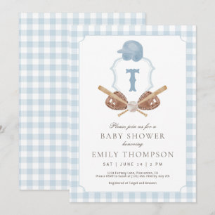 Blue Preppy Baseball Crest Baby Shower Invitation