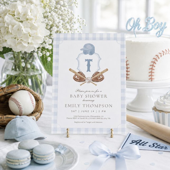 Blue Preppy Baseball Crest Baby Shower Invitation (Creator Uploaded)