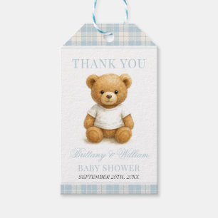 Blue Preppy Bear Modern Plaid Baby Shower  Gift Tags