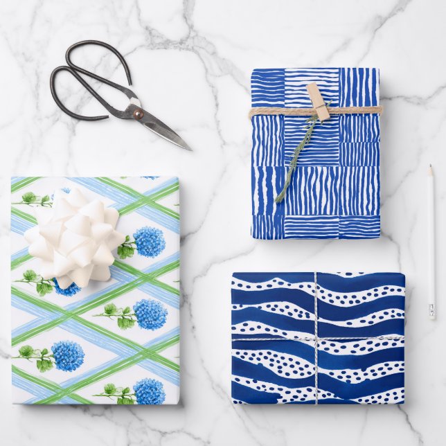 Blue Preppy Chic Bundle Ditsy  Wrapping Paper Sheet (Front)