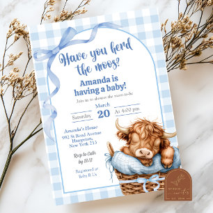 Blue Preppy Gingham Cow Baby Shower Invitation