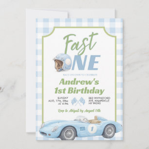 Blue Preppy Retro Fast ONE Birthday Invitation
