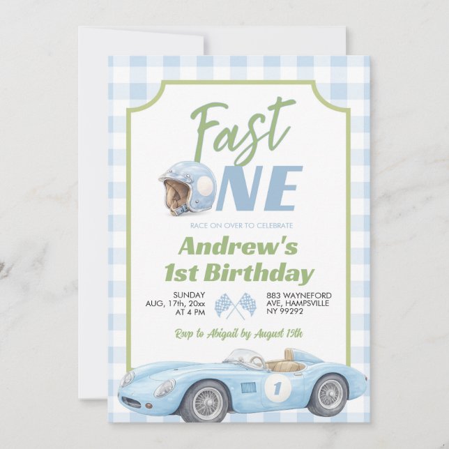 Blue Preppy Retro Fast ONE Birthday Invitation (Front)