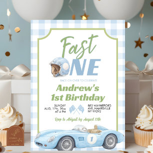 Blue Preppy Retro Fast ONE Birthday Invitation
