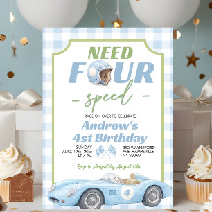 Blue Preppy Retro Need Four Speed Birthday Invitation