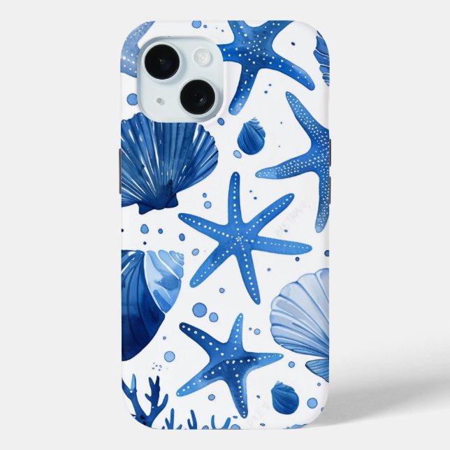 Blue Preppy Shells Starfish Case-Mate iPhone Case (Back)