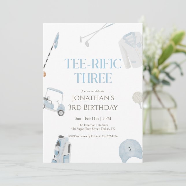 Blue Preppy Tee-Rific Three Golf Birthday Invitation (Standing Front)