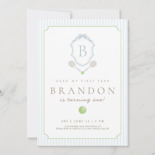 Blue Preppy Tennis Crest 1st Birthday Invitation