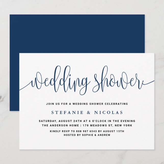 Blue Pretty Calligraphy Wedding Shower Invitation (Front/Back)