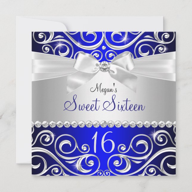 Blue Pretty Diamond bow & Sparkle Swirl Sweet 16 Invitation (Front)
