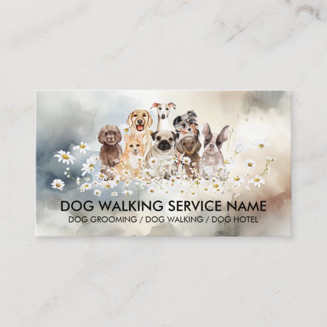 Blue Pretty Dogs in Daisies Watercolor Background Business Card (Front)