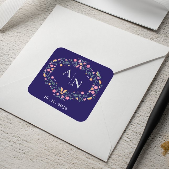 Blue Pretty Monogram Cute Colourful Floral Wedding Square Sticker (Blue Pretty Monogram Cute Colorful Floral Wedding Square Sticker)