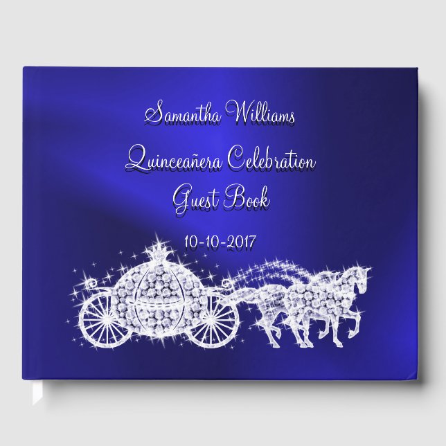 Blue Princess Coach & Horses Quinceañera Guest Book (Front)