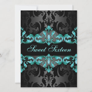Blue Princess Damask Sweet16 Birthday Invite