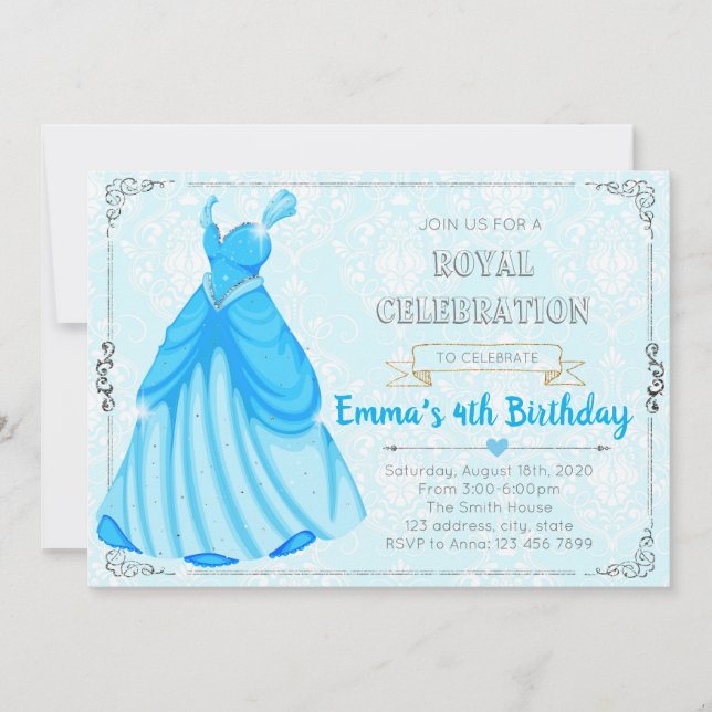 Blue princess dress themed birthday invitation (Front)